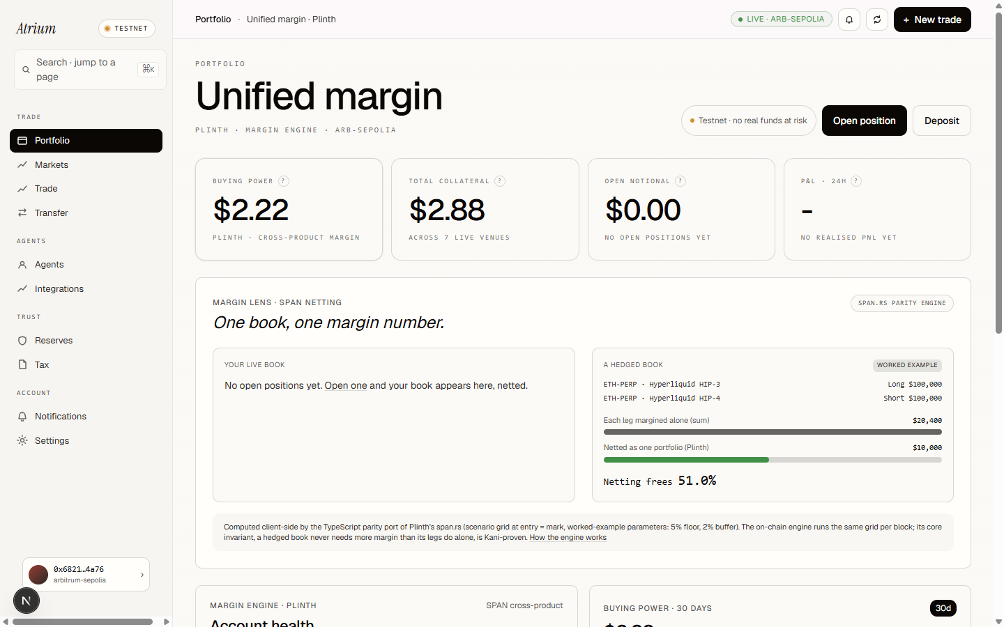 Unified margin: one buying-power number, Margin Lens netting panel, live on Arbitrum Sepolia