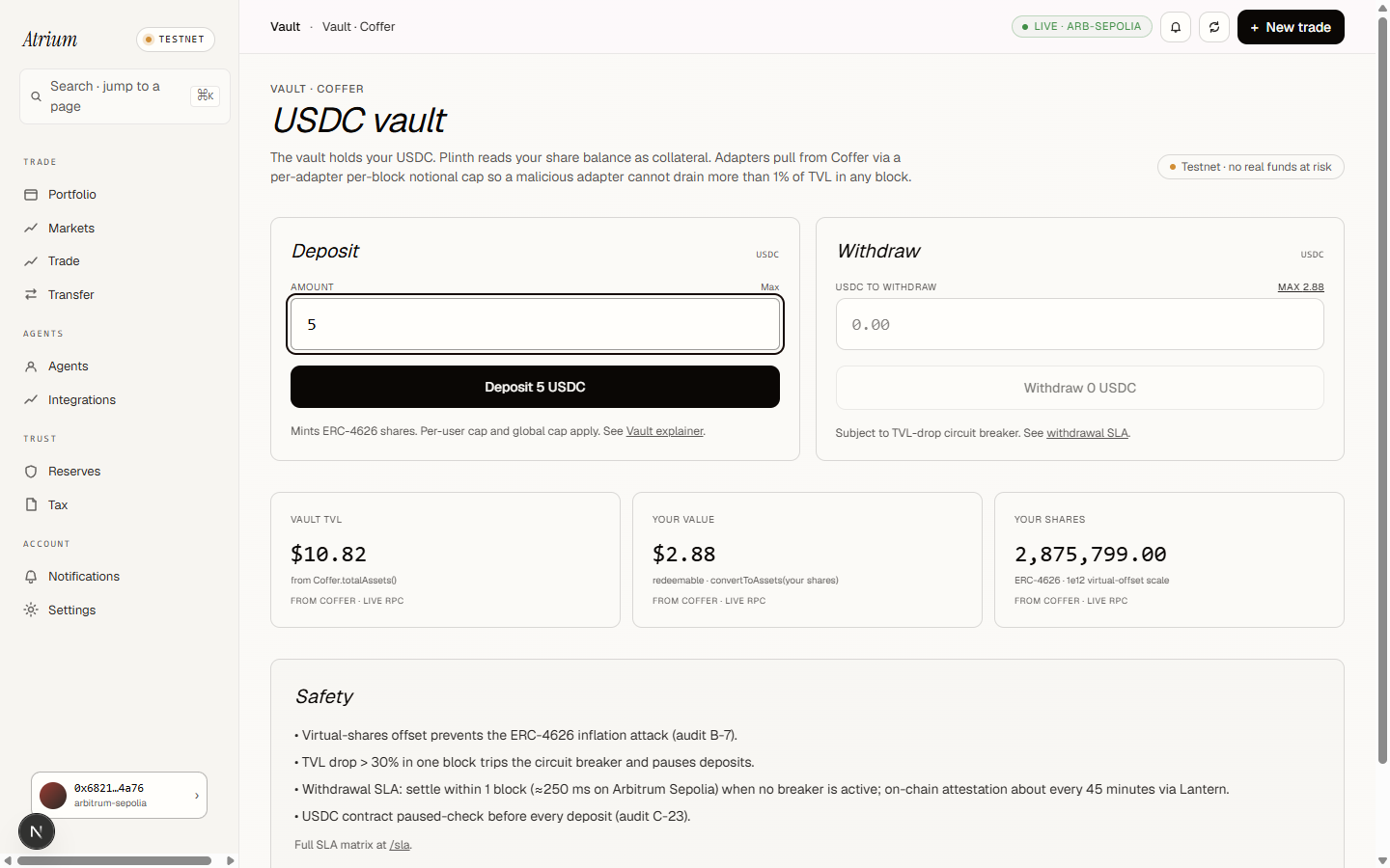 Vault before deposit, amount entered