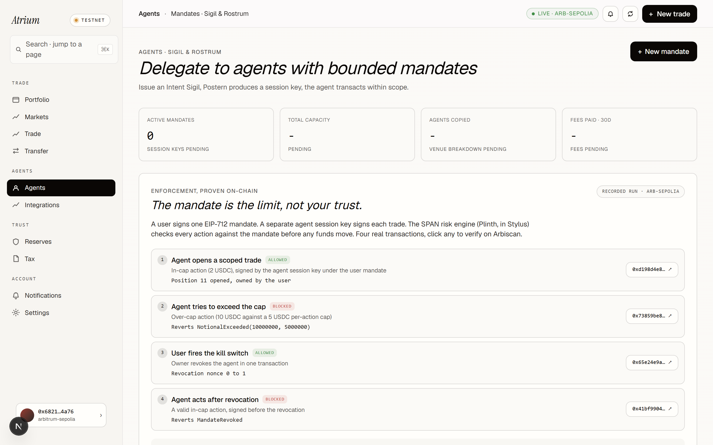 Agents page with on-chain enforcement proof